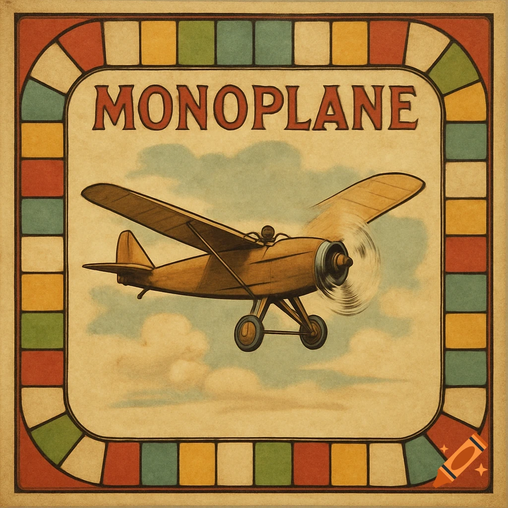 Vintage style poster of a monoplane with a game board border and 'MONOPLANE' text.
