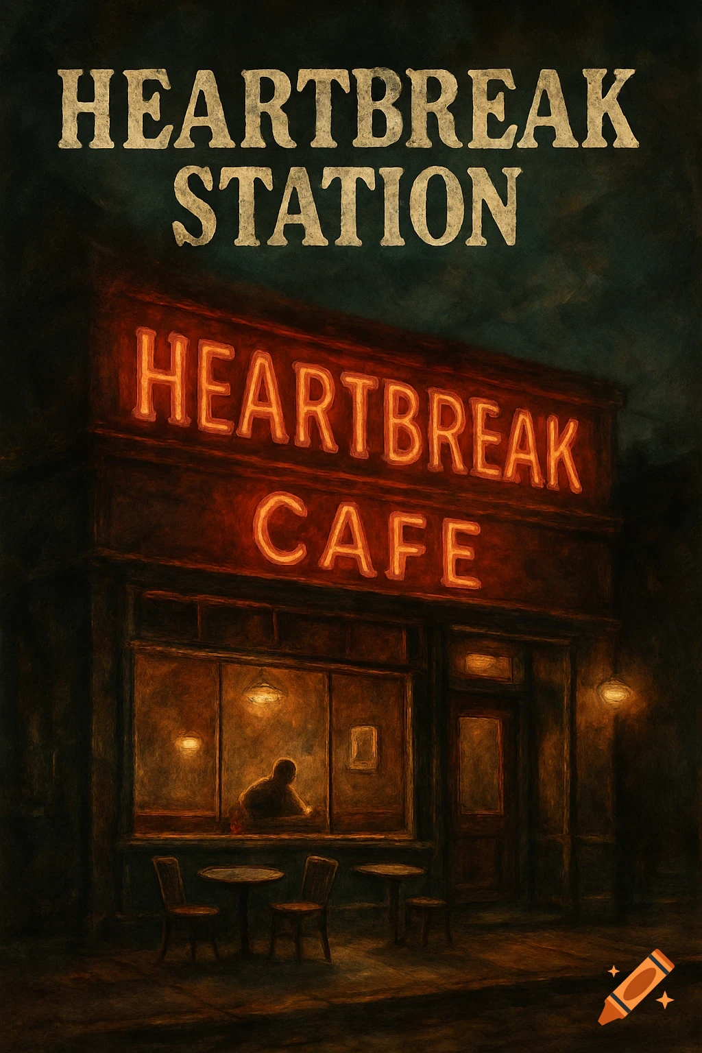 A vintage cafe at night with a neon sign that says 'Heartbreak Cafe', a person visible inside, in a painterly style.