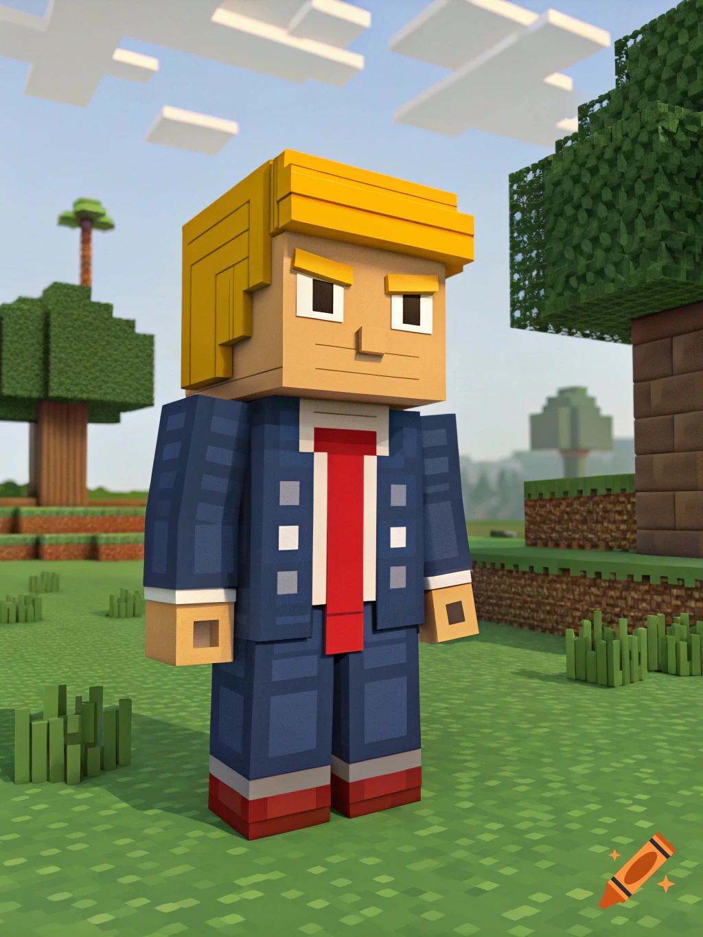 Blocky character resembling Donald Trump in a suit and red tie standing in a Minecraft world