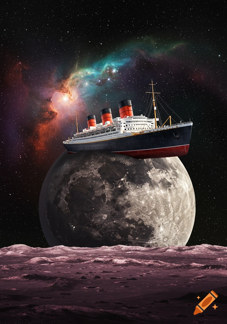 A large cruise ship sits on the surface of the moon, with a purple planet below and a starry nebula field behind.