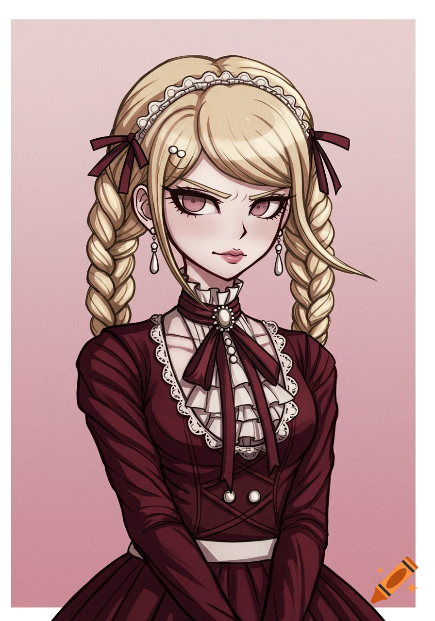 Anime character in Danganronpa style, blonde girl with serious expression in a red dress
