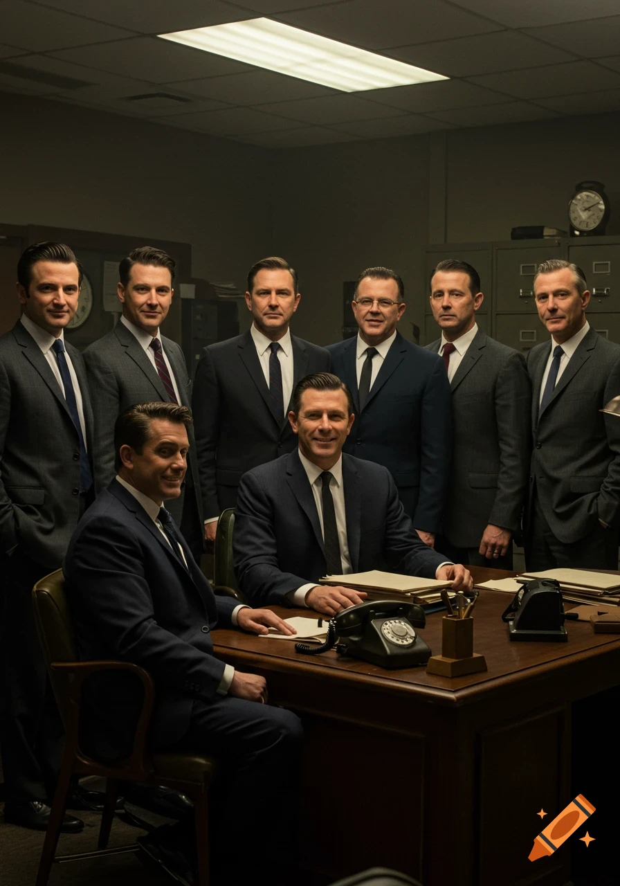 Group portrait of men in suits in a 1960s style office.