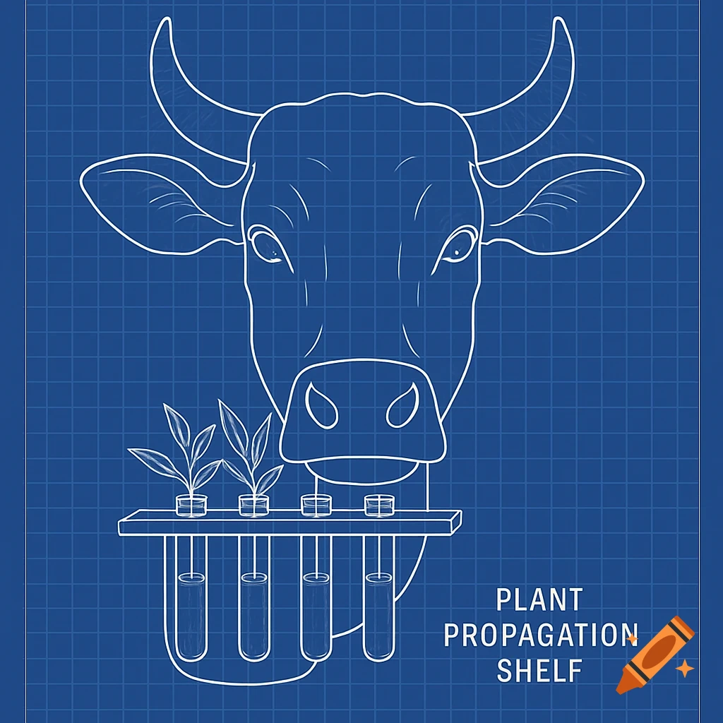 Blueprint drawing of a cow head with a shelf holding test tubes of plants, labeled 'PLANT PROPAGATION SHELF'.