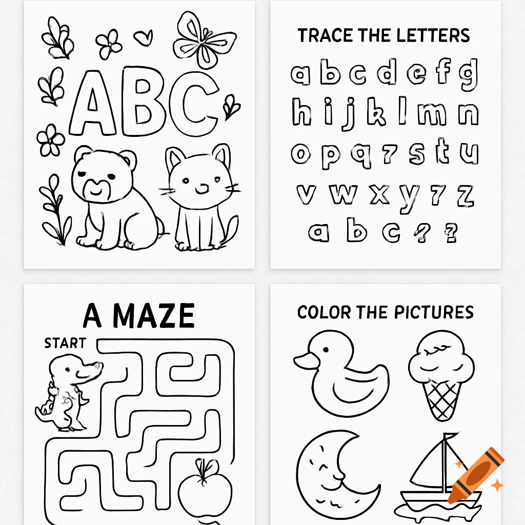 Four black and white coloring pages: ABC with bear and cat, alphabet tracing, a maze, and pictures of a duck, ice cream, moon, and boat.
