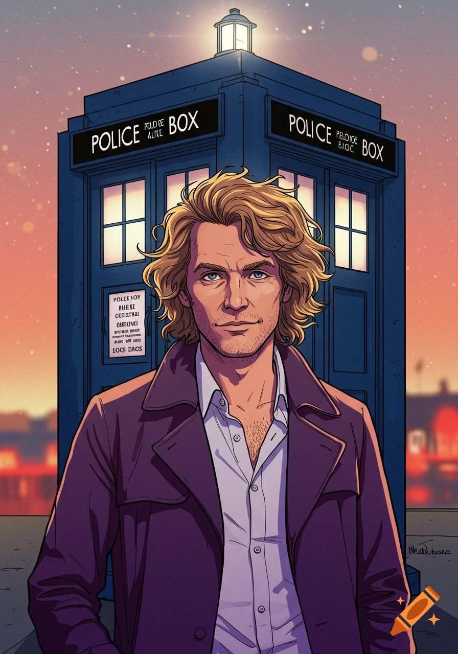 Illustration of a man in a coat standing in front of a blue police box (TARDIS) at sunset.