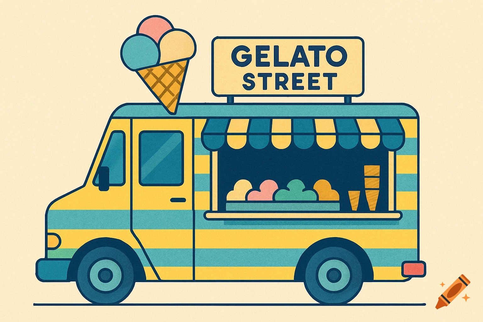 Side profile 2D illustration of a yellow and blue striped gelato truck with a sign reading GELATO STREET.