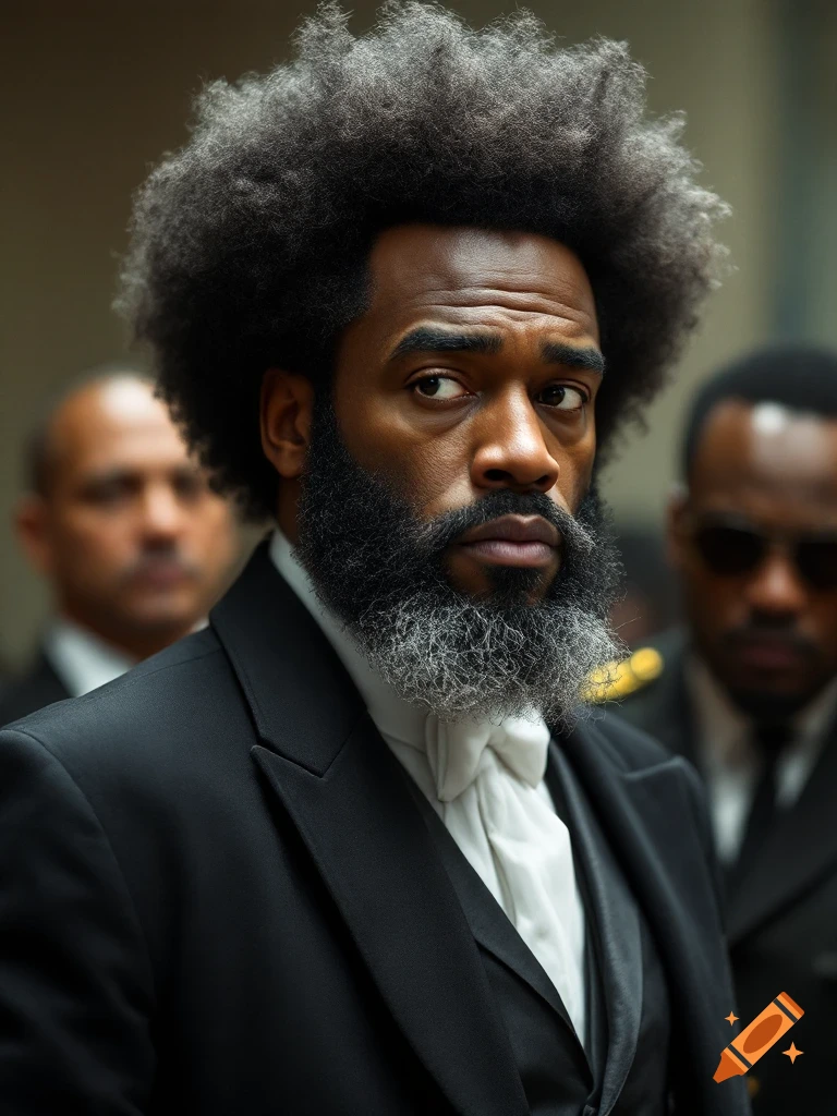 Photorealistic portrait of a man with a large afro and gray beard wearing a black suit and white tie.