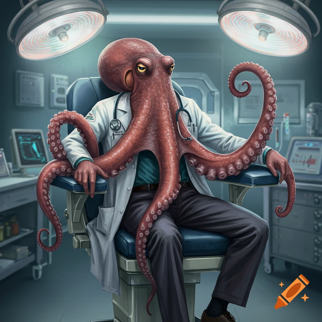 An anthropomorphic octopus doctor in a lab coat and stethoscope sits in a medical lab.