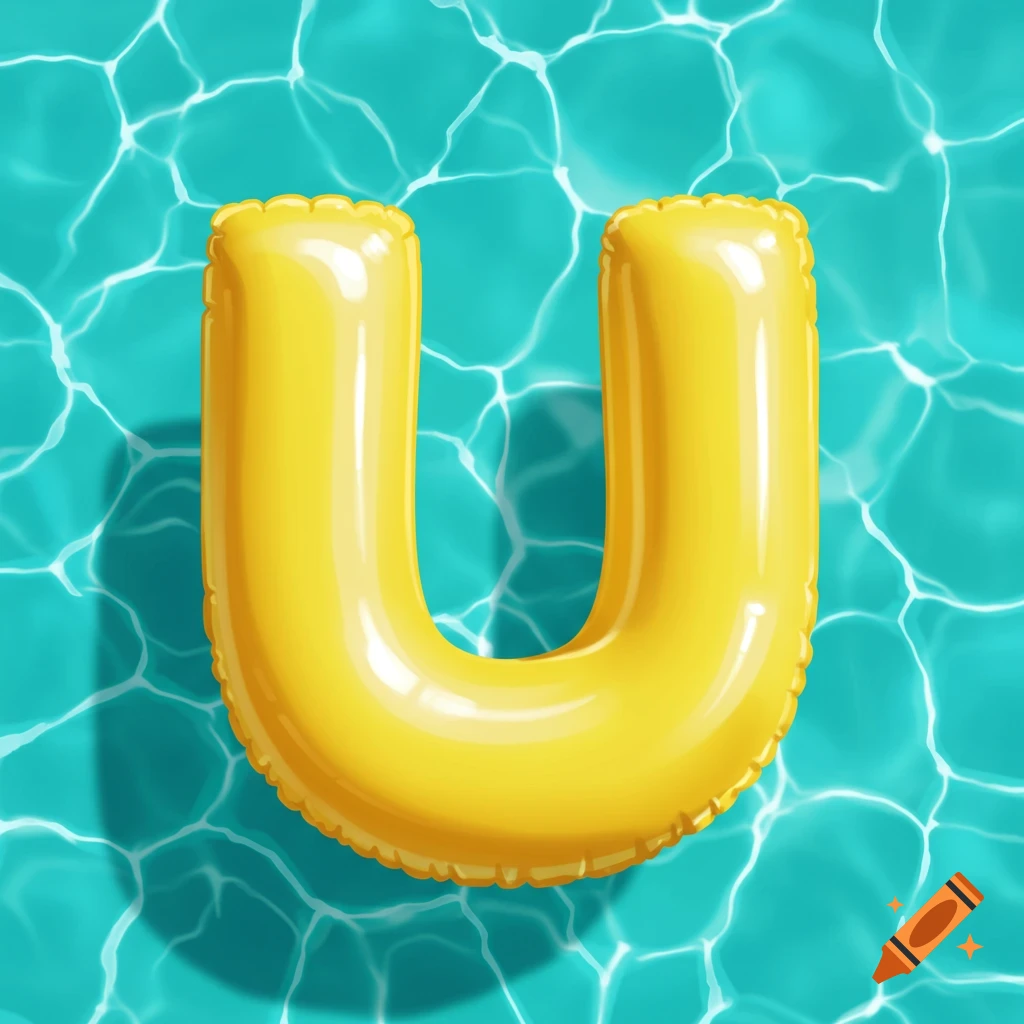 A bright yellow inflatable float in the shape of the letter U floats on the surface of blue water.