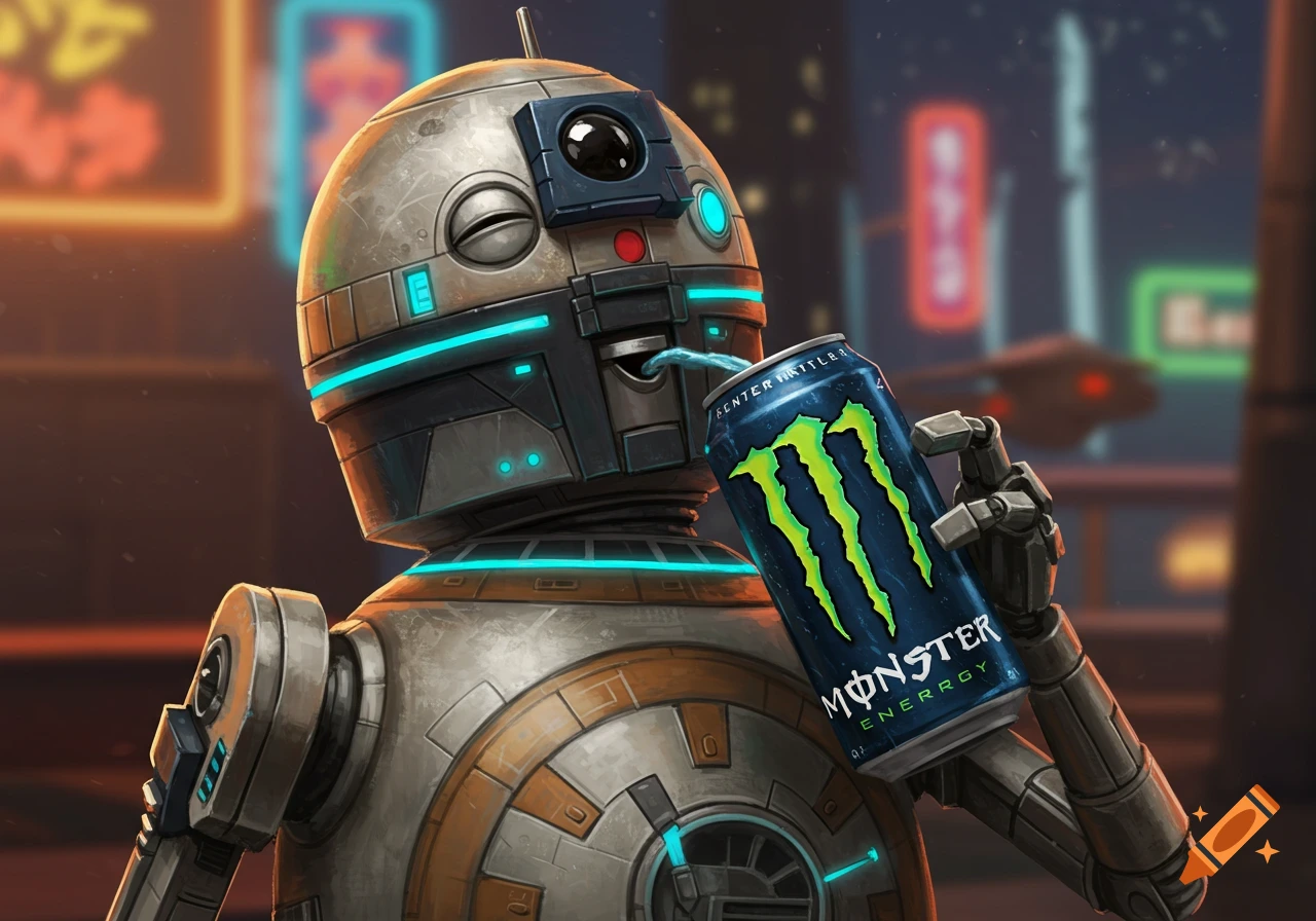 Illustration of a droid drinking from a Monster Energy can in a futuristic city street