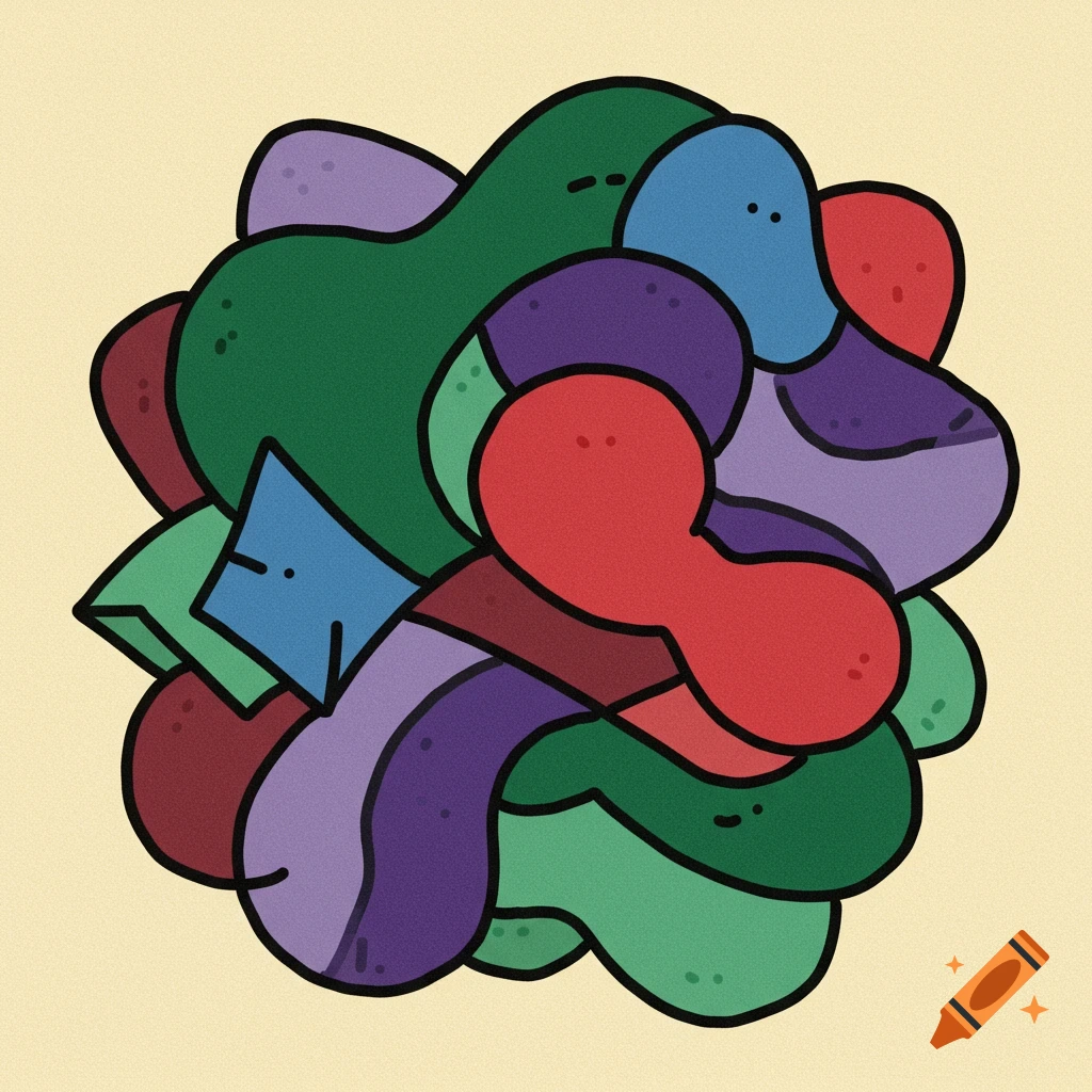 A colorful abstract doodle composed of organic and geometric shapes with a grainy texture.