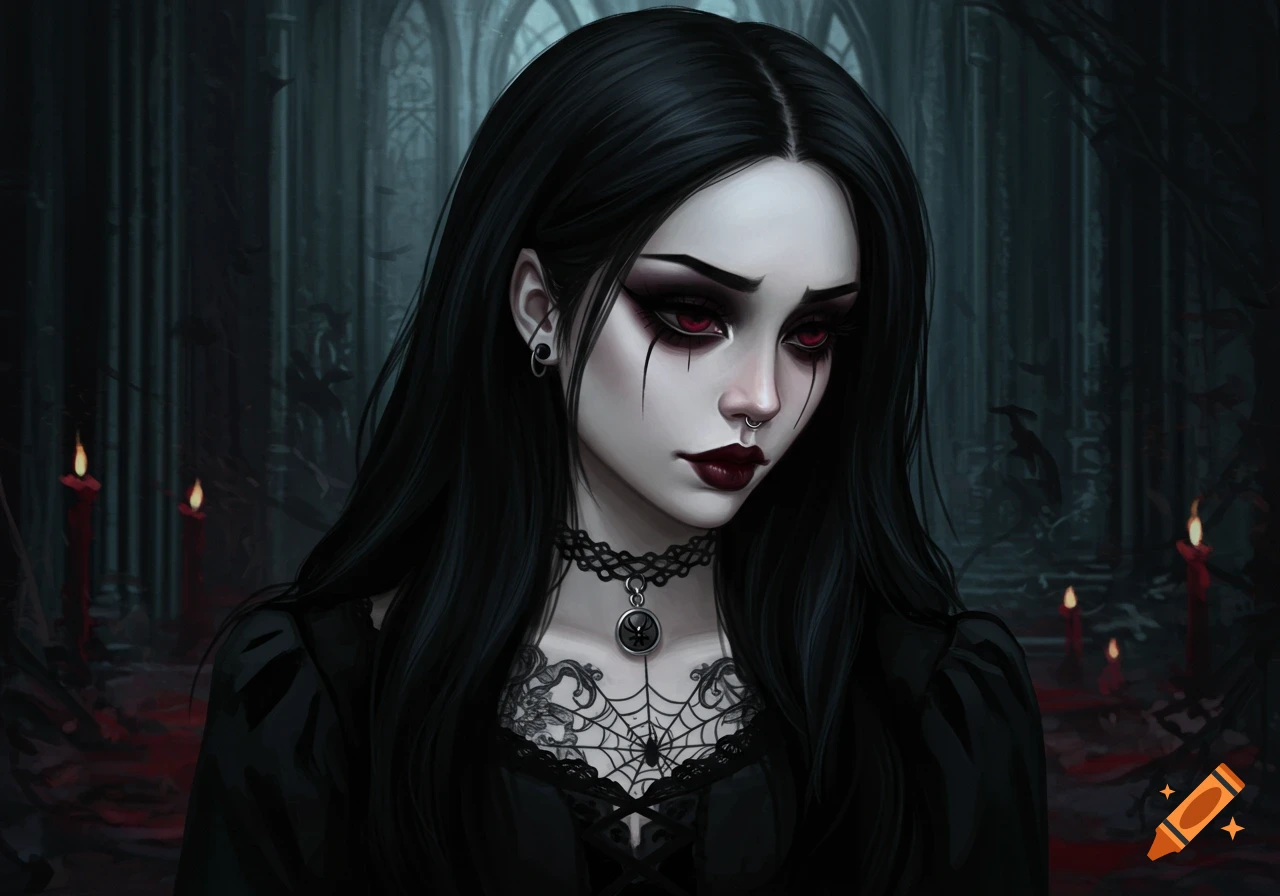 A gothic portrait of a woman with dark makeup, red eyes, and a spiderweb design, in a dark setting with candles.