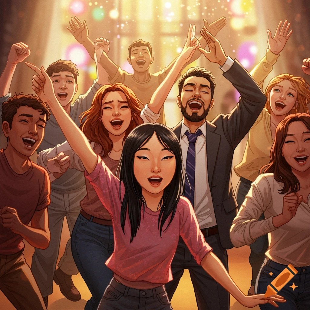 A diverse group of people dancing and singing joyfully with their hands raised.