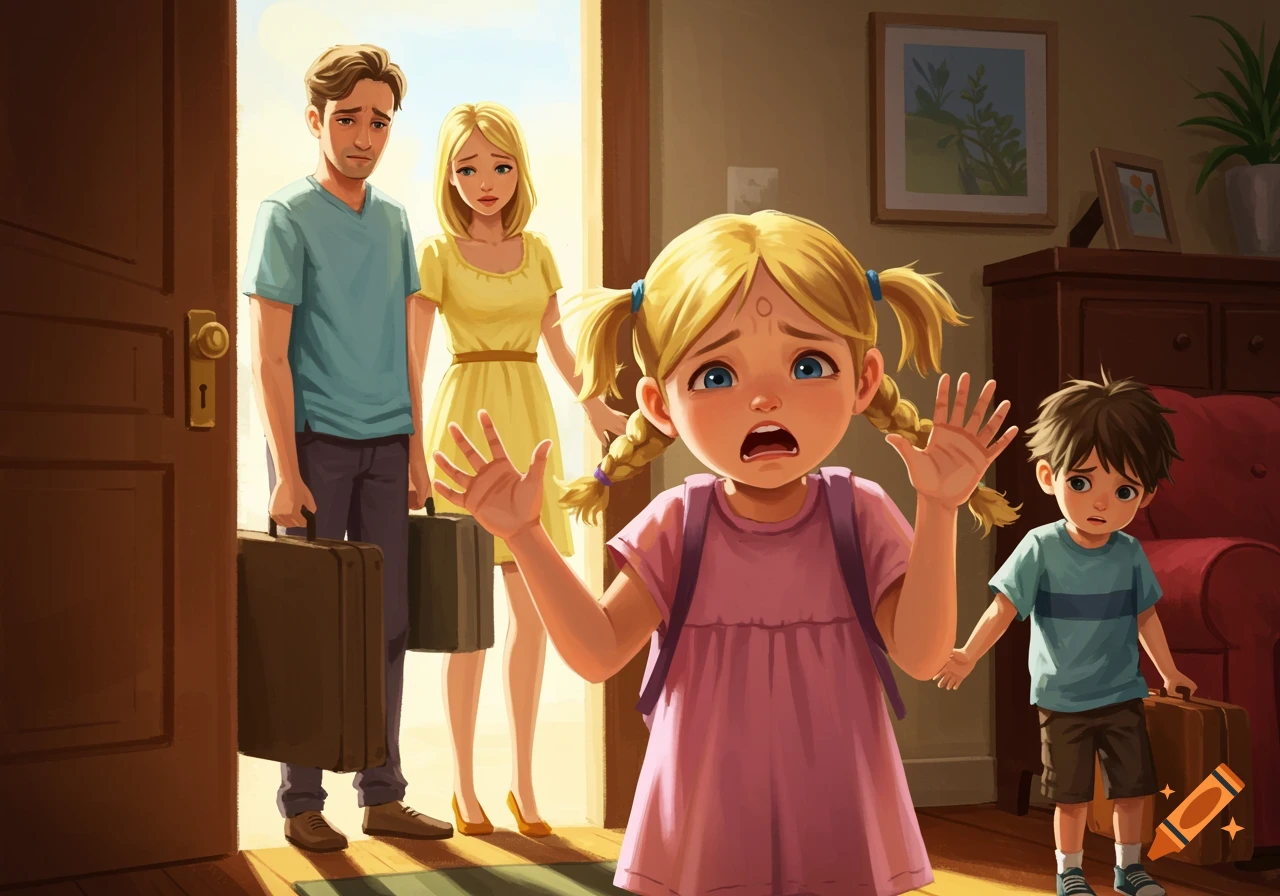 Blonde girl with pigtails begs tearfully, reaching towards sad parents holding suitcases by a door, while her younger brother stands nearby.