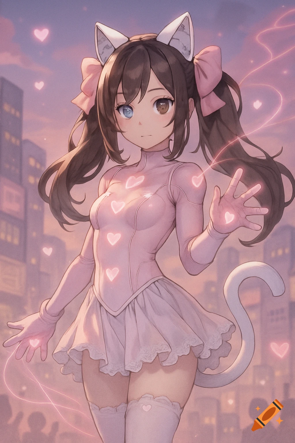 Anime girl with cat ears, pink outfit, and glowing hearts standing in a dreamy cityscape.