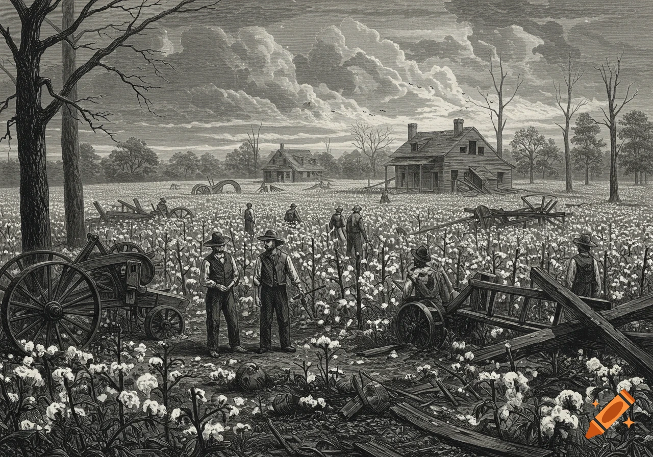 Monochrome engraving of farmers in a cotton field with broken machinery and abandoned houses under a cloudy sky.