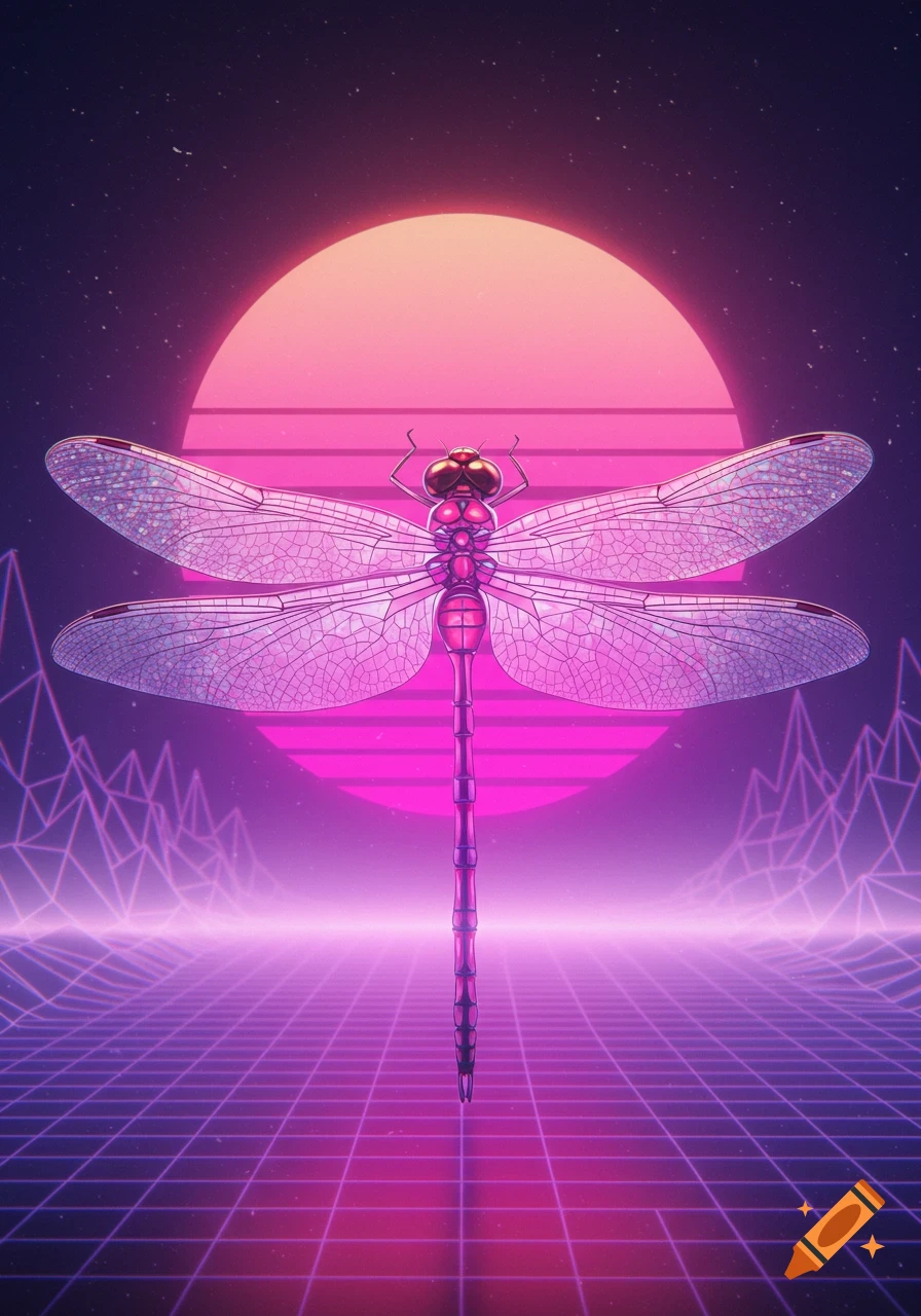 A large pink dragonfly against a vaporwave background with a grid landscape and sun.