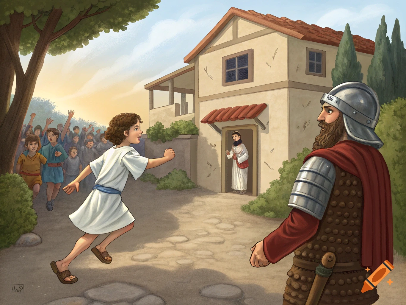Illustration of a boy running towards Jesus, who stands in a doorway. A Roman soldier stands in the foreground, and a crowd is behind the boy.
