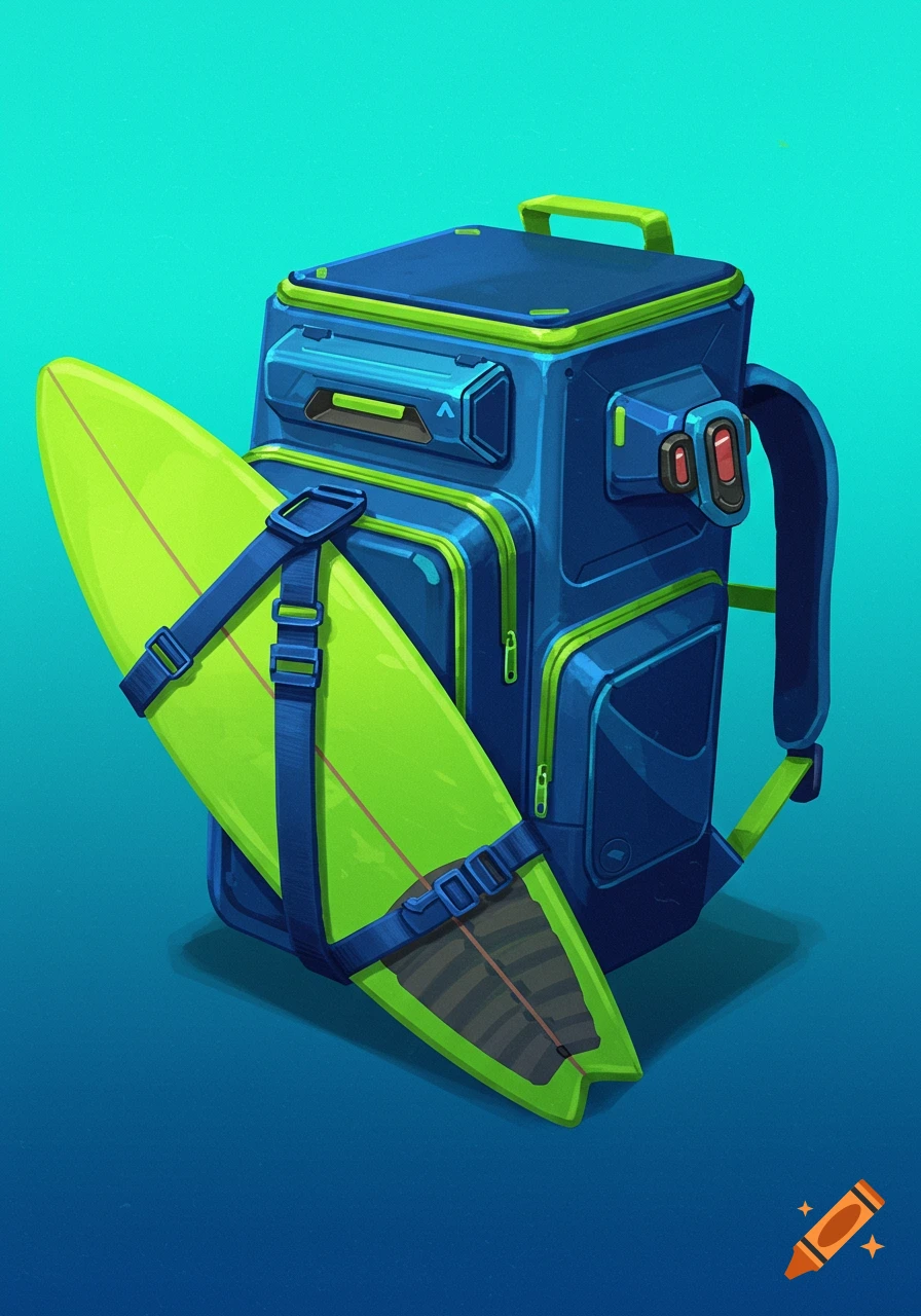 A blue and green stylized backpack with a bright green surfboard attached.