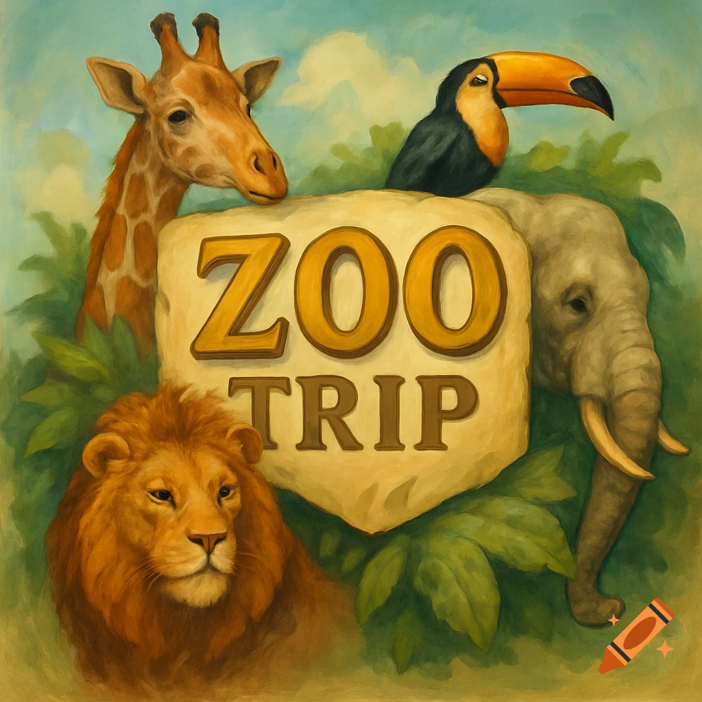 Painted illustration of a lion, giraffe, toucan, and elephant around a sign saying 'ZOO TRIP'.