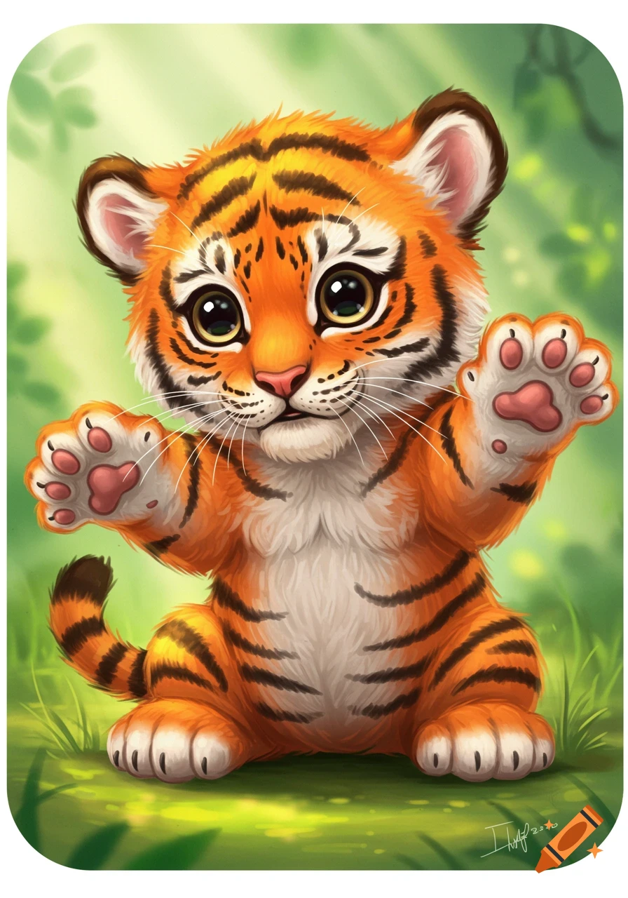 Cute cartoon baby tiger reaching out paws in a forest setting.