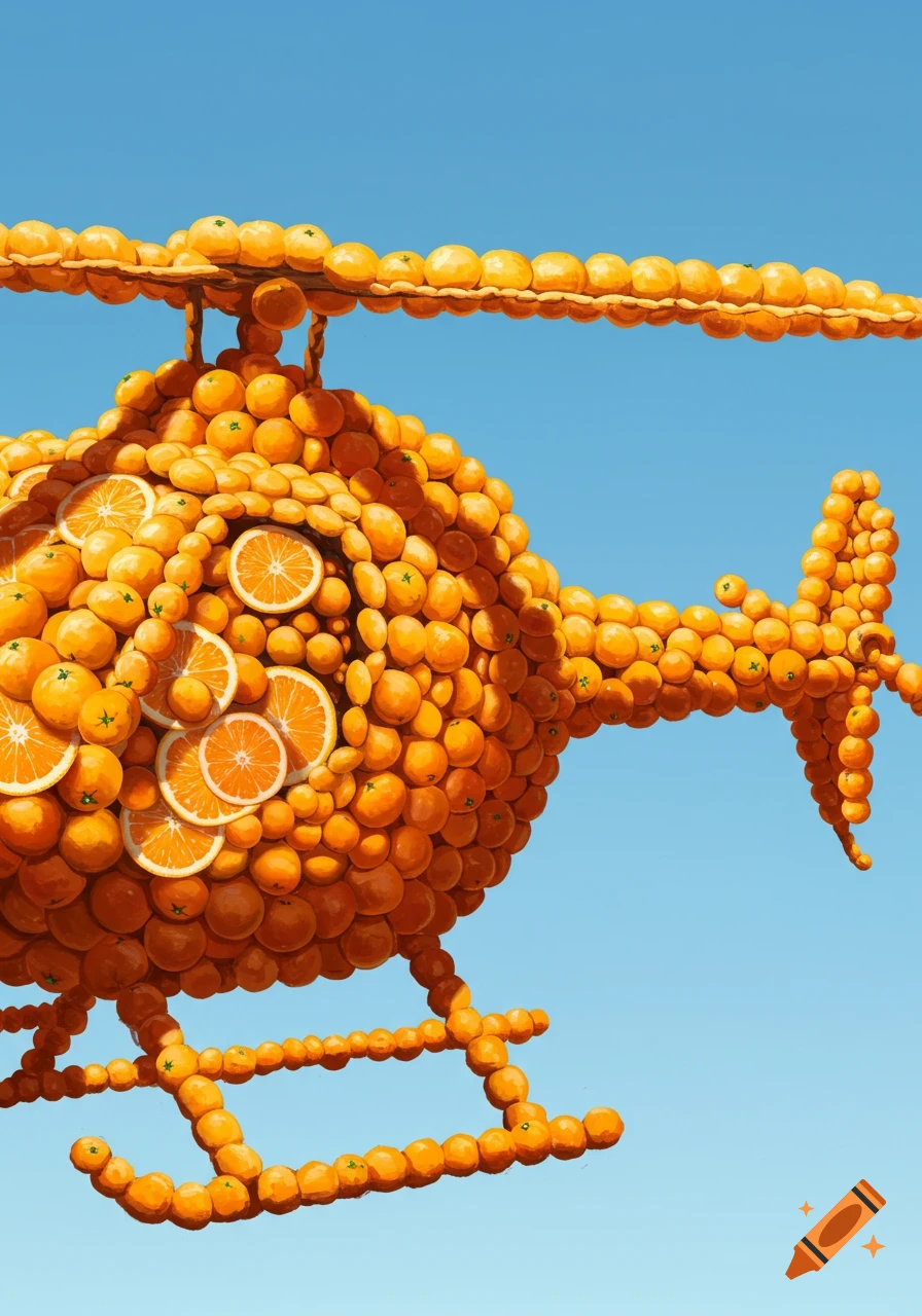 A helicopter is constructed entirely from oranges and orange slices against a blue sky.