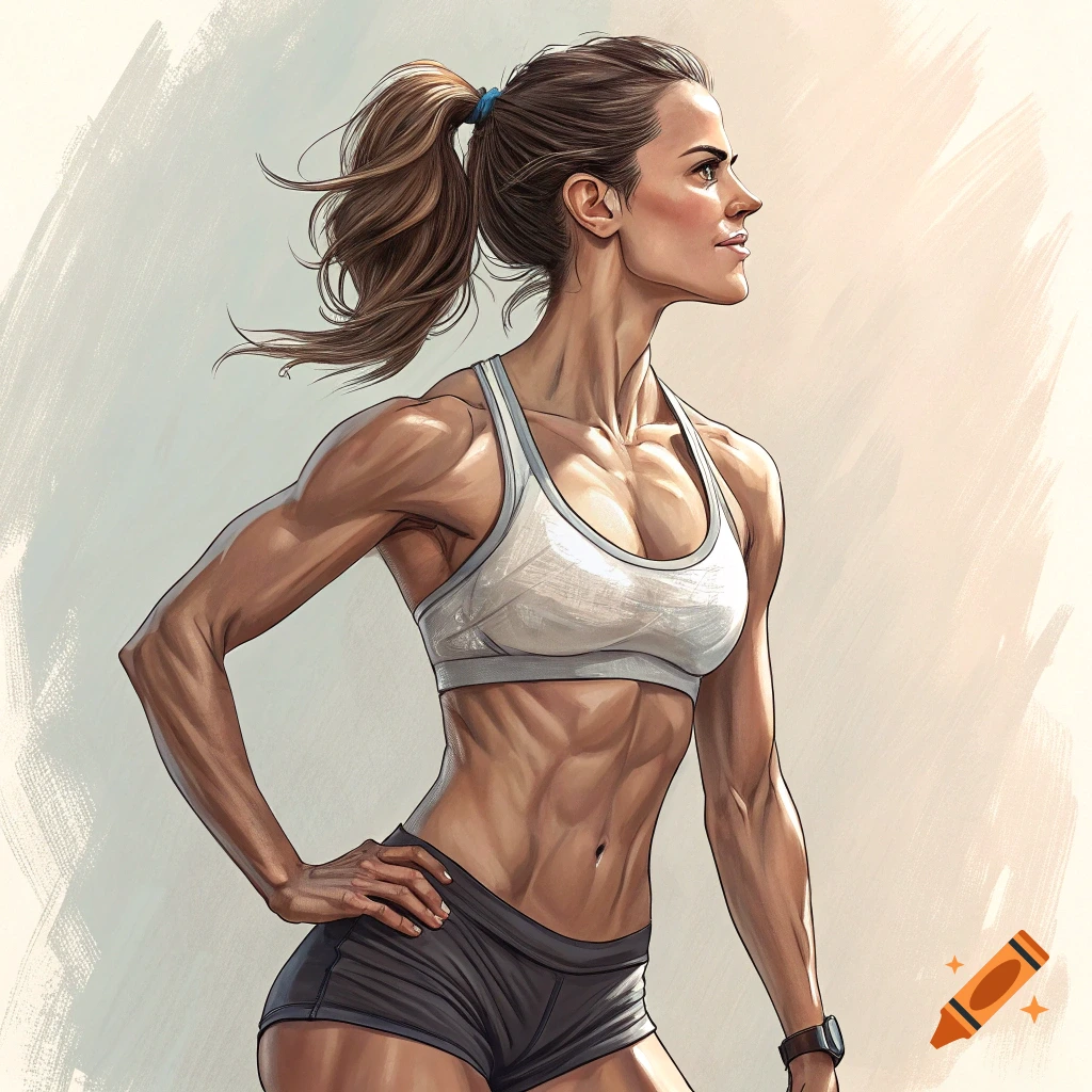 Muscular woman in sports bra and shorts in an athletic pose, illustrated style