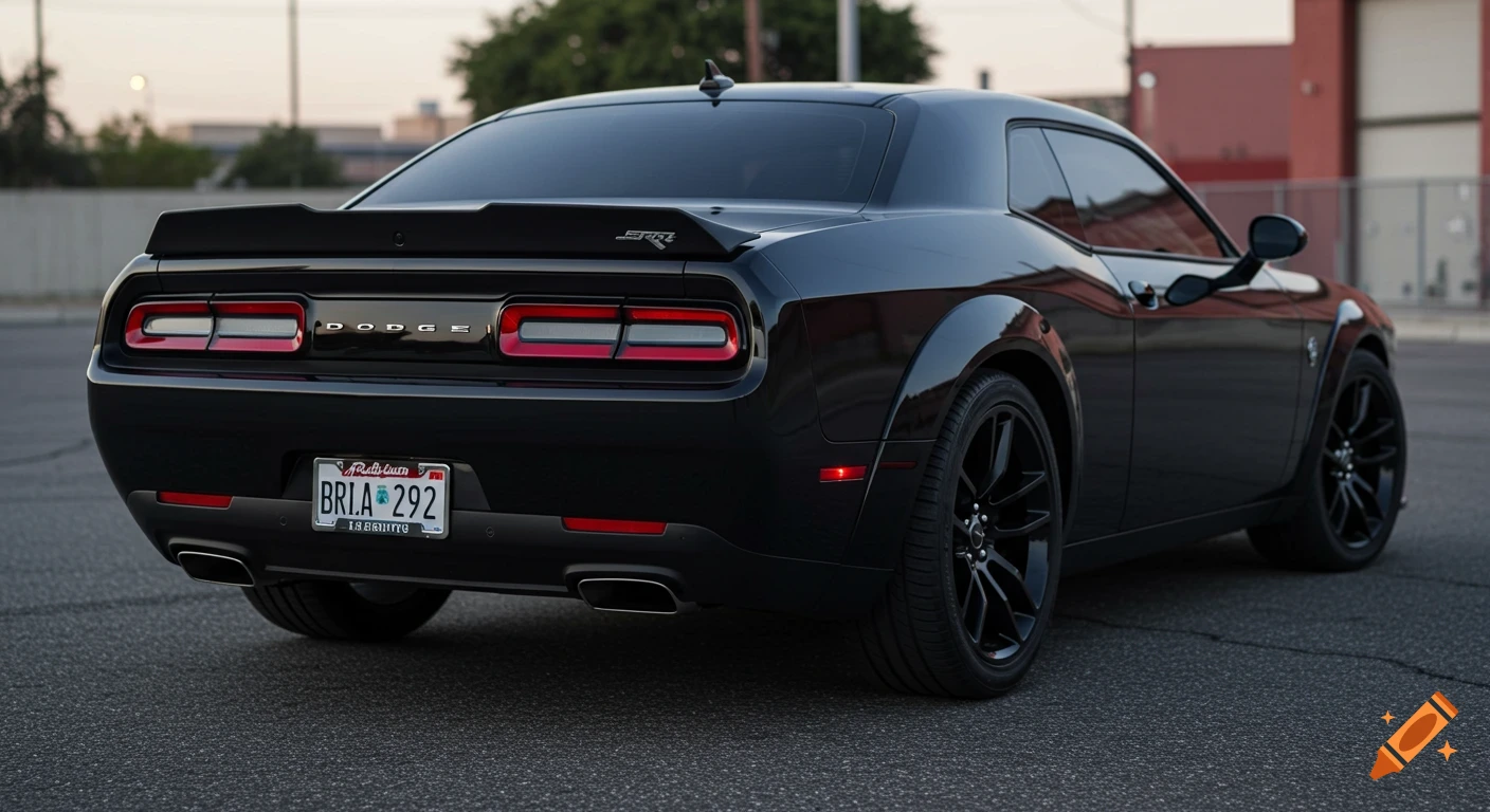 Rear view of a black Dodge Challenger car parked on asphalt.