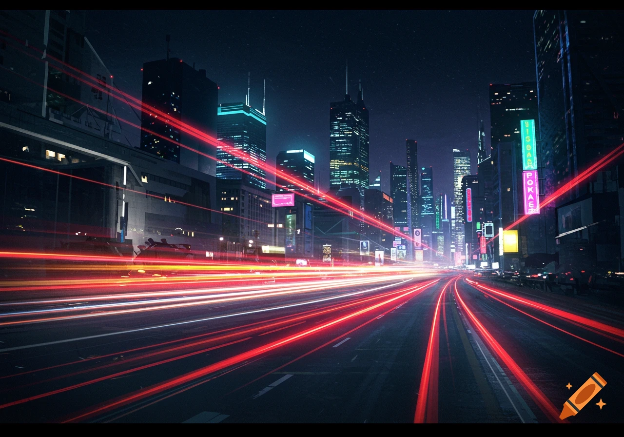 A night cityscape with bright red and white light trails streaking across the road, with tall buildings illuminated in the background.