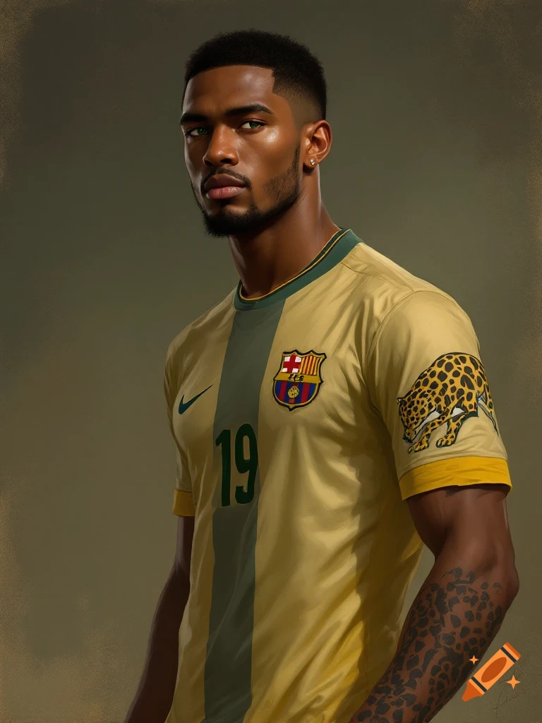 Portrait of a man in a yellow and green soccer jersey with number 19 and leopard arm tattoo.