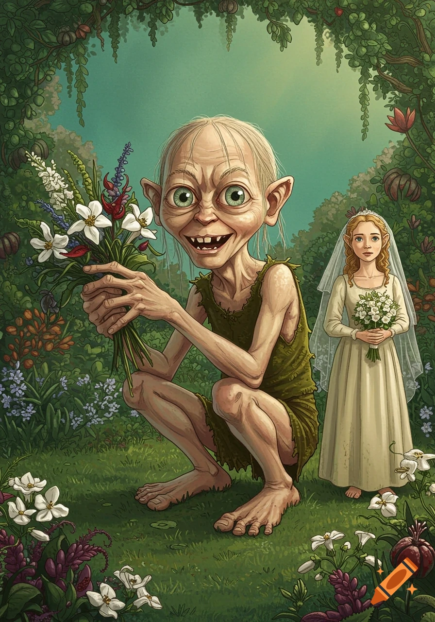Gollum holds a bouquet beside a bride in a garden setting.