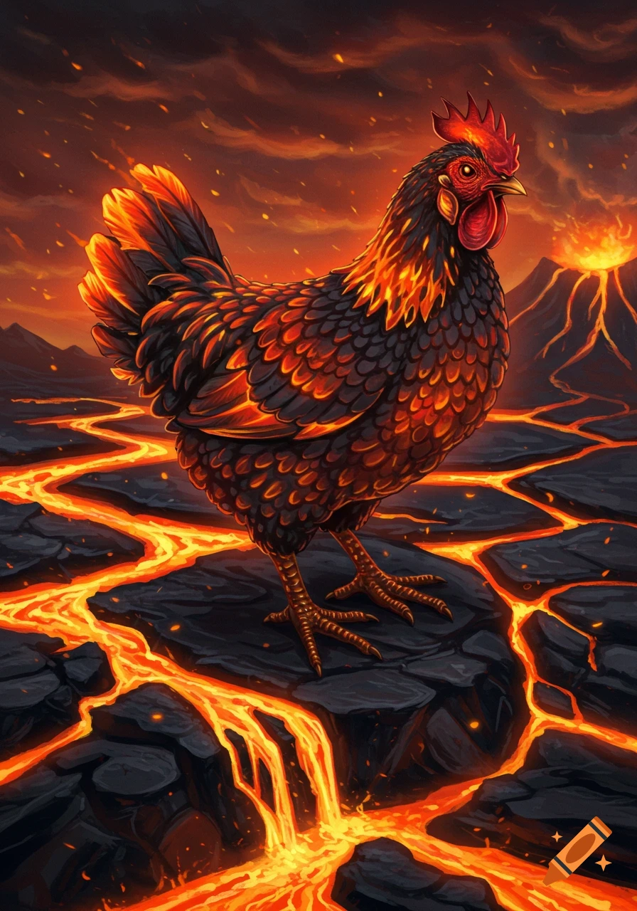 A striking illustration of a lava chicken standing on molten lava with volcanoes erupting in the background.