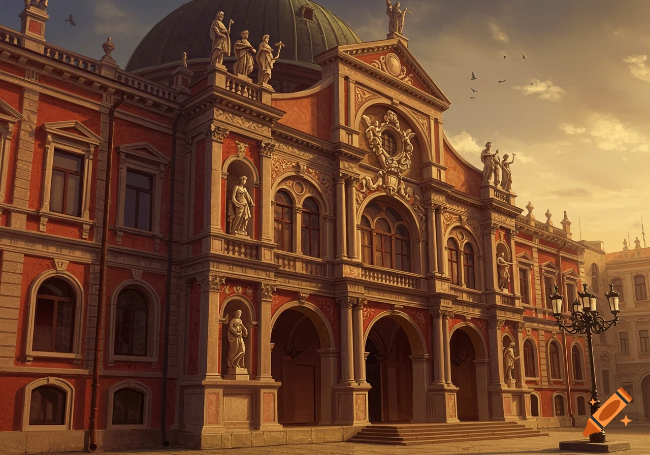A large ornate Baroque building with statues and a dome, seen at sunset.