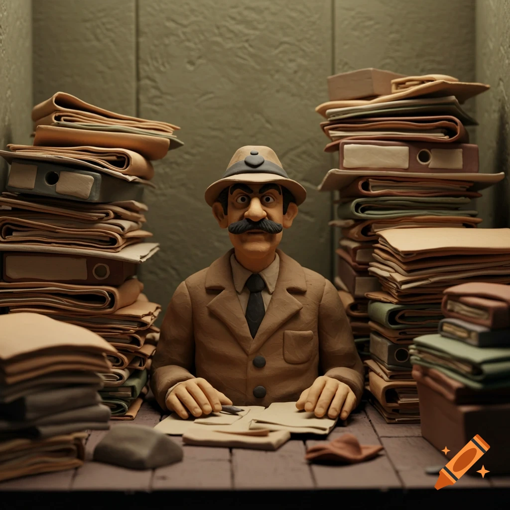 A clay model figure of a detective sits at a desk buried in stacks of files.