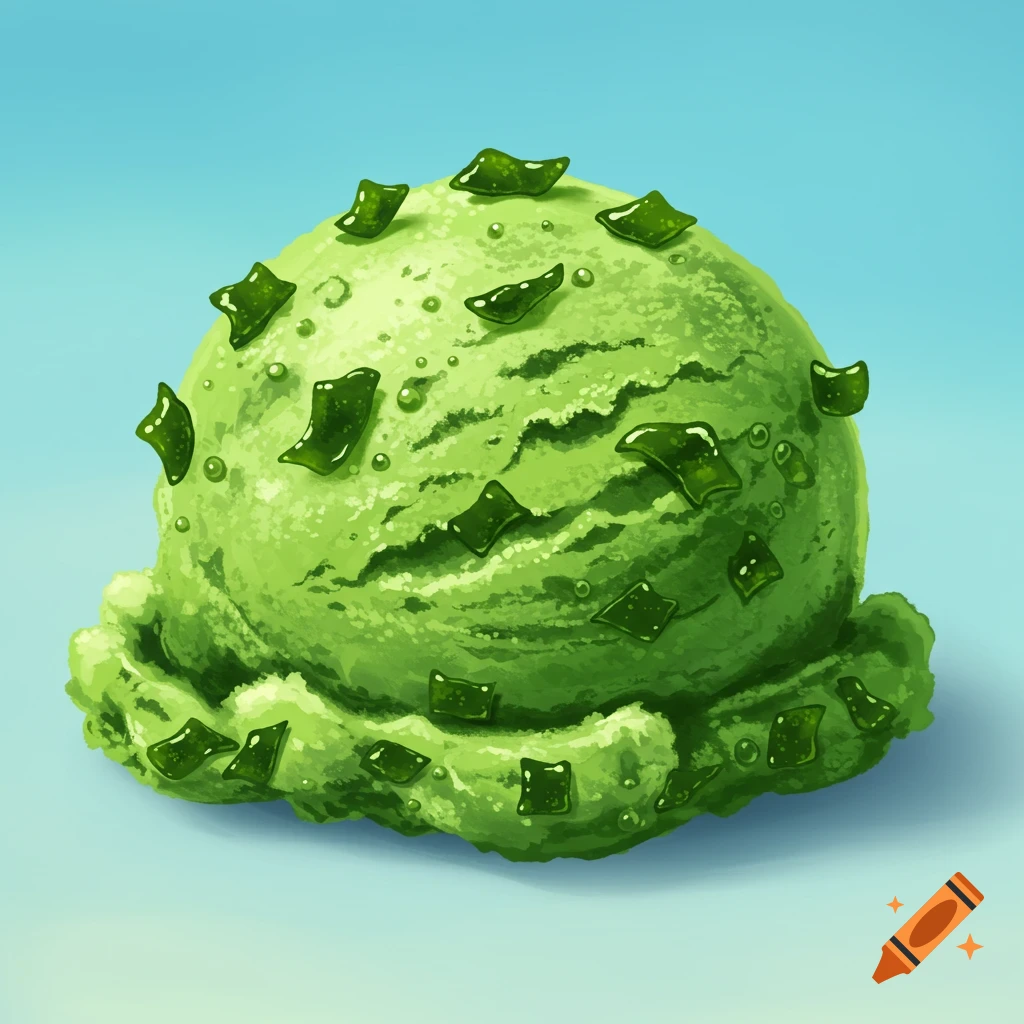 A scoop of green ice cream topped with dark green shiny pieces, against a blue background. Digital painting.