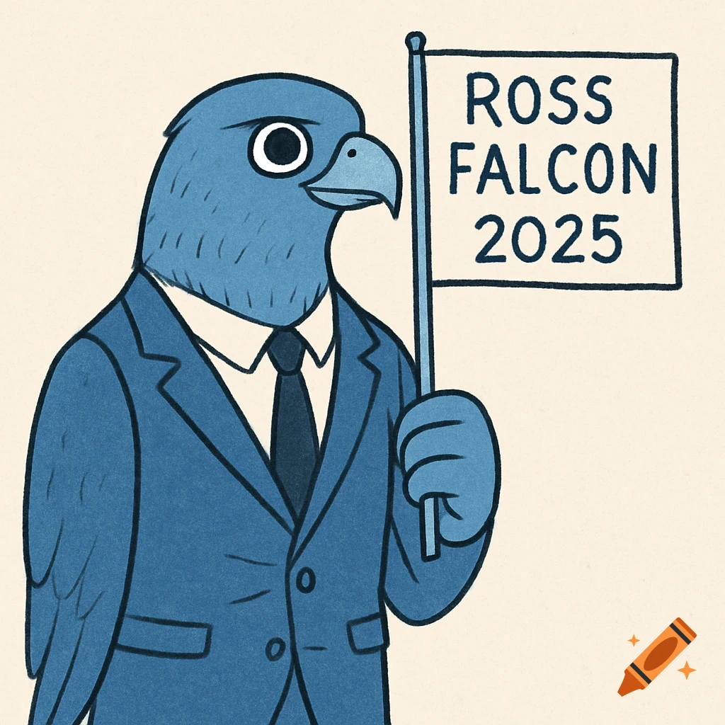 A blue cartoon falcon wearing a suit holds a flag that says 'ROSS FALCON 2025'.