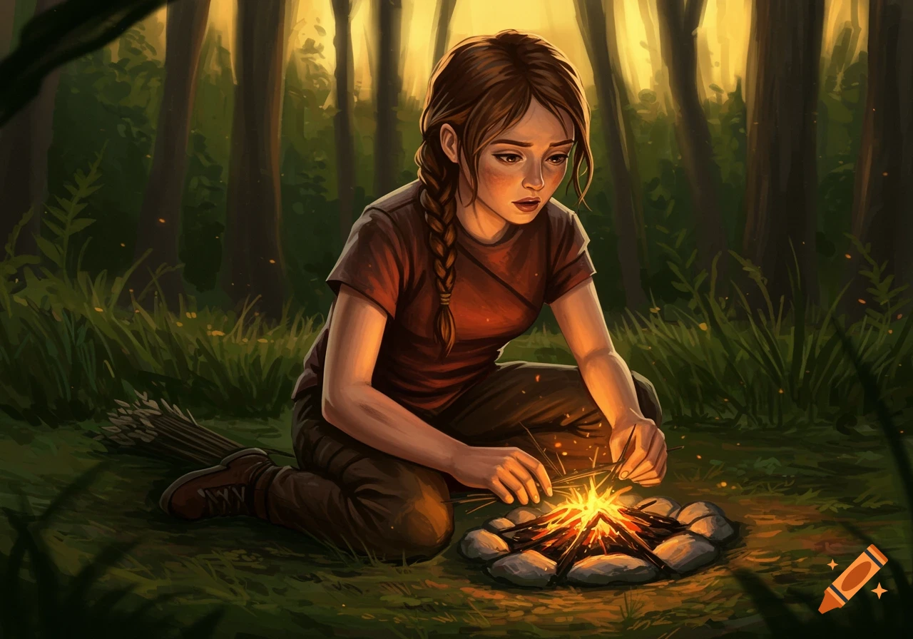 Digital painting of a young person kneeling and starting a campfire in a forest at sunset.