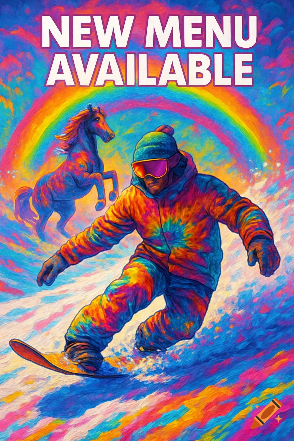 A snowboarder and a horse in tie-dye style colors on a snowy mountain with a rainbow. Text says 'NEW MENU AVAILABLE'.