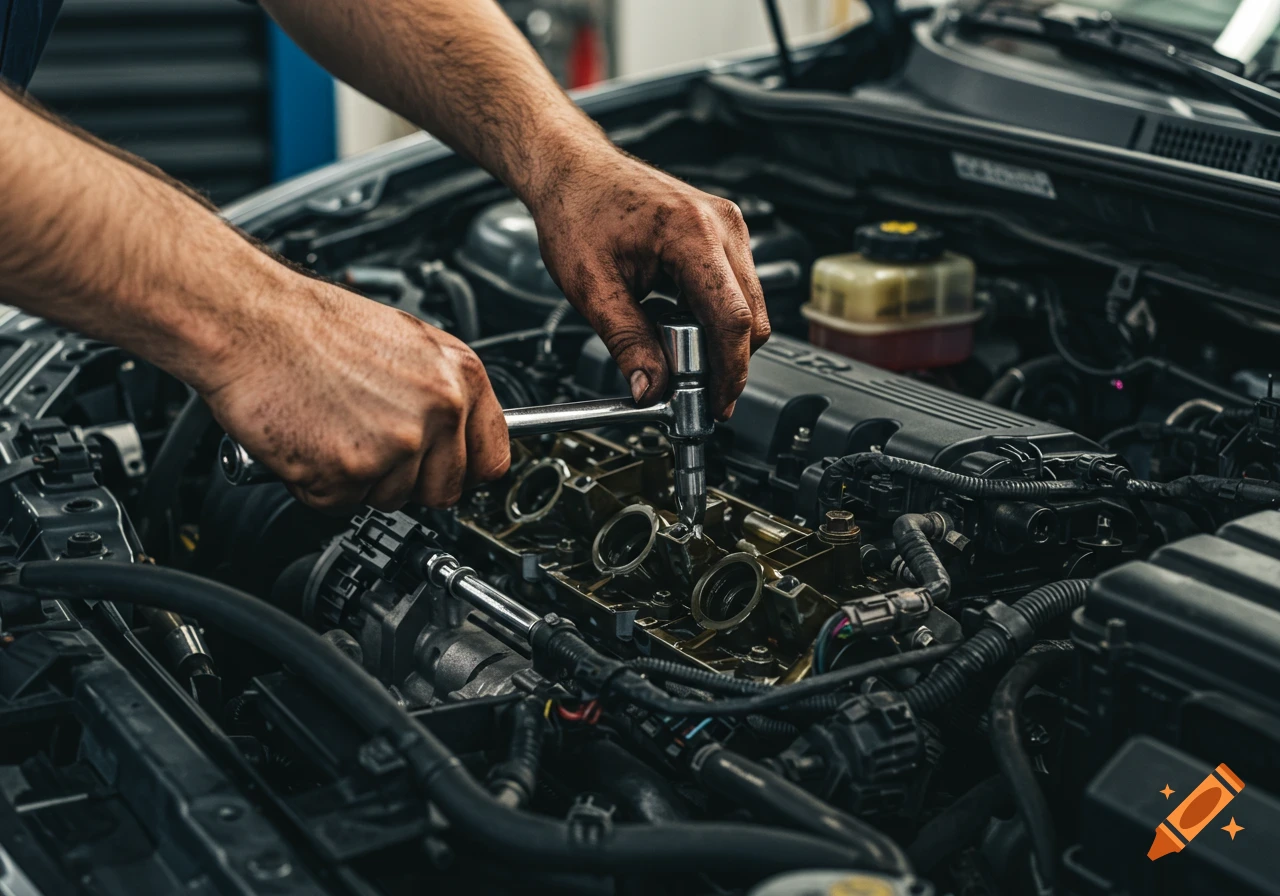 Close-up photo of a mechanic's hands using a wrench to fix a car engine.