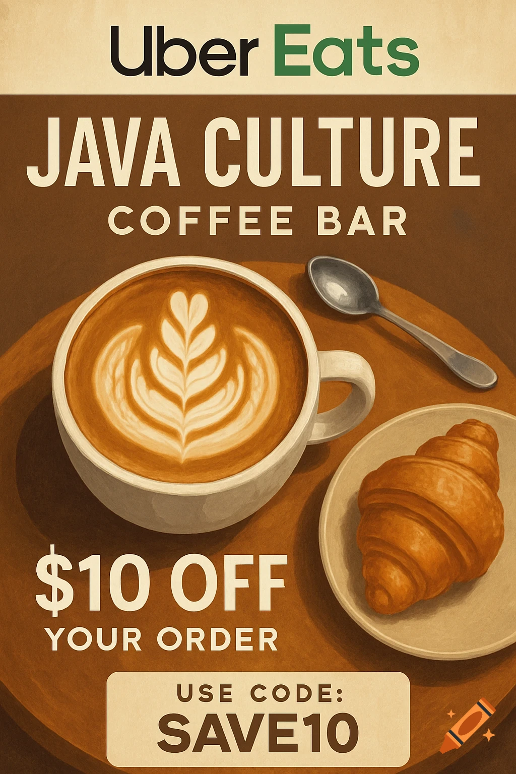 Advertisement for Java Culture Coffee Bar via Uber Eats, showing coffee, croissant, and spoon with discount text.