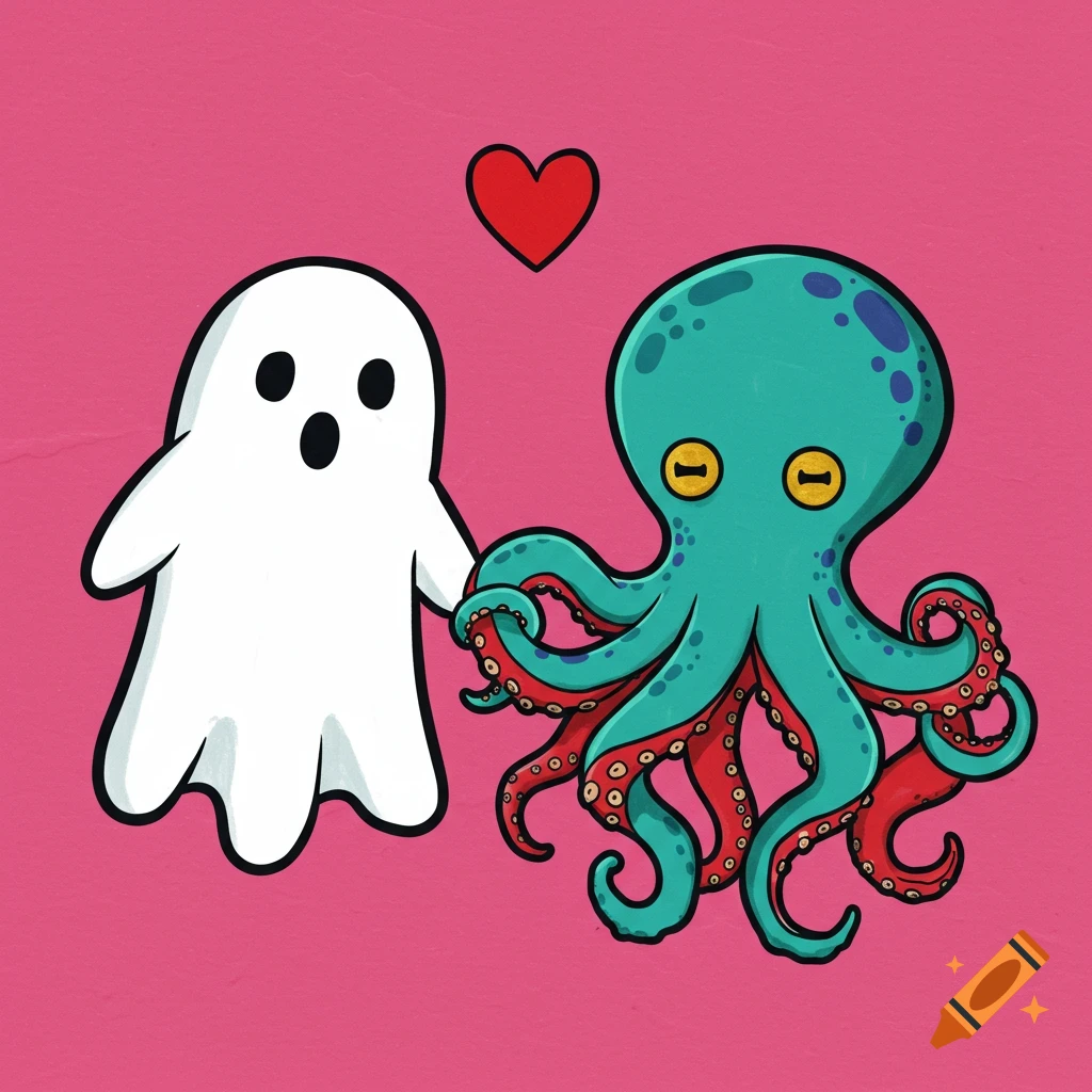 Cartoon illustration of a ghost and an octopus holding hands under a heart