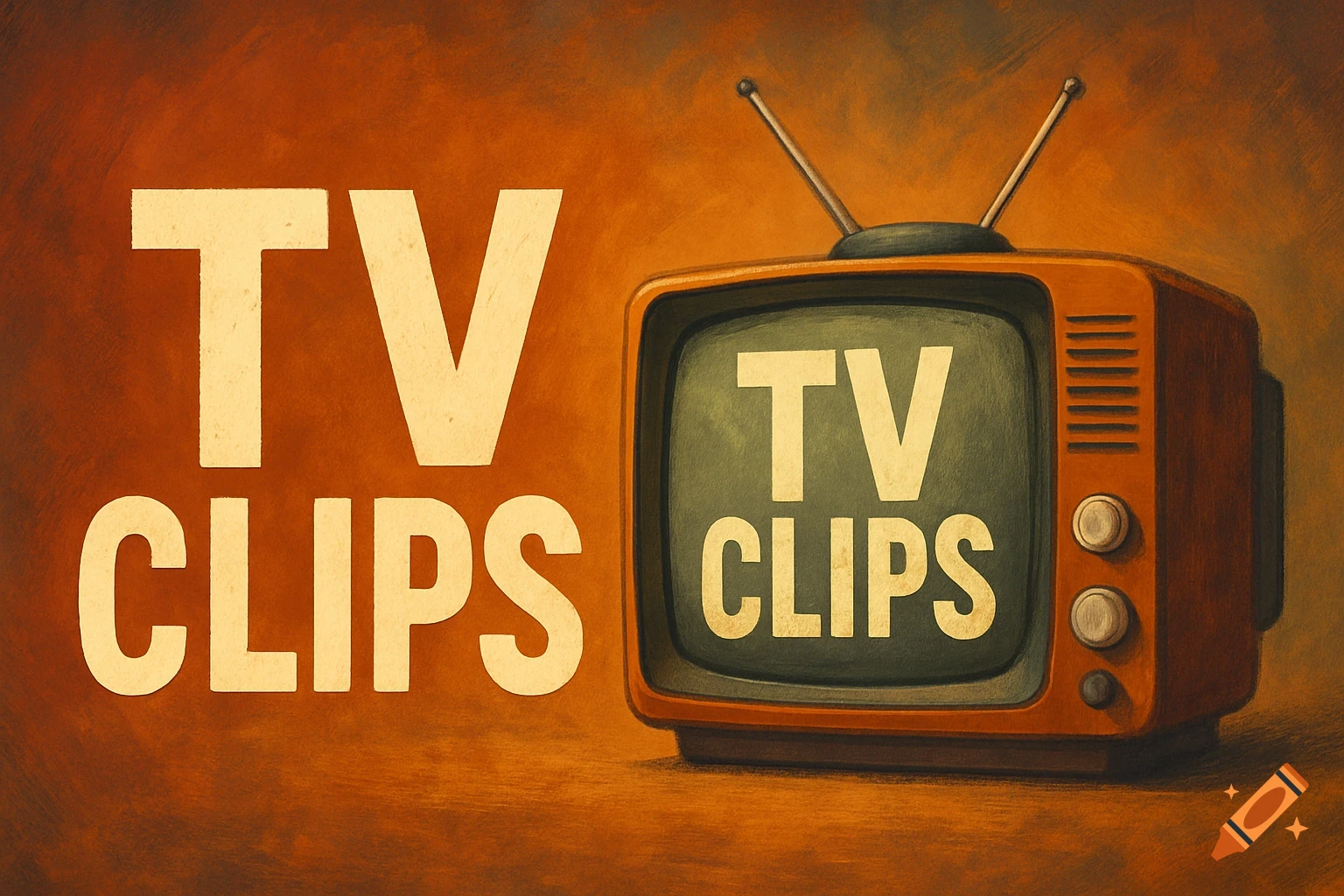 Retro television set and text 'TV CLIPS' on an orange background, vintage style