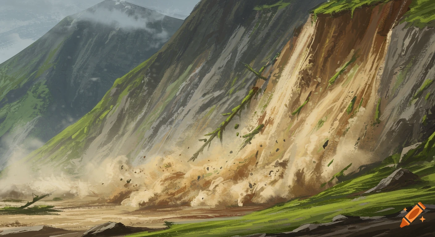 Digital painting of a large landslide on a steep, green and rocky mountain slope, with falling dust and debris.