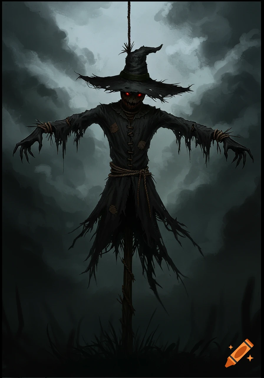 Scary scarecrow with glowing red eyes, torn clothes, and arms spread, standing in a field under a dark, cloudy sky.