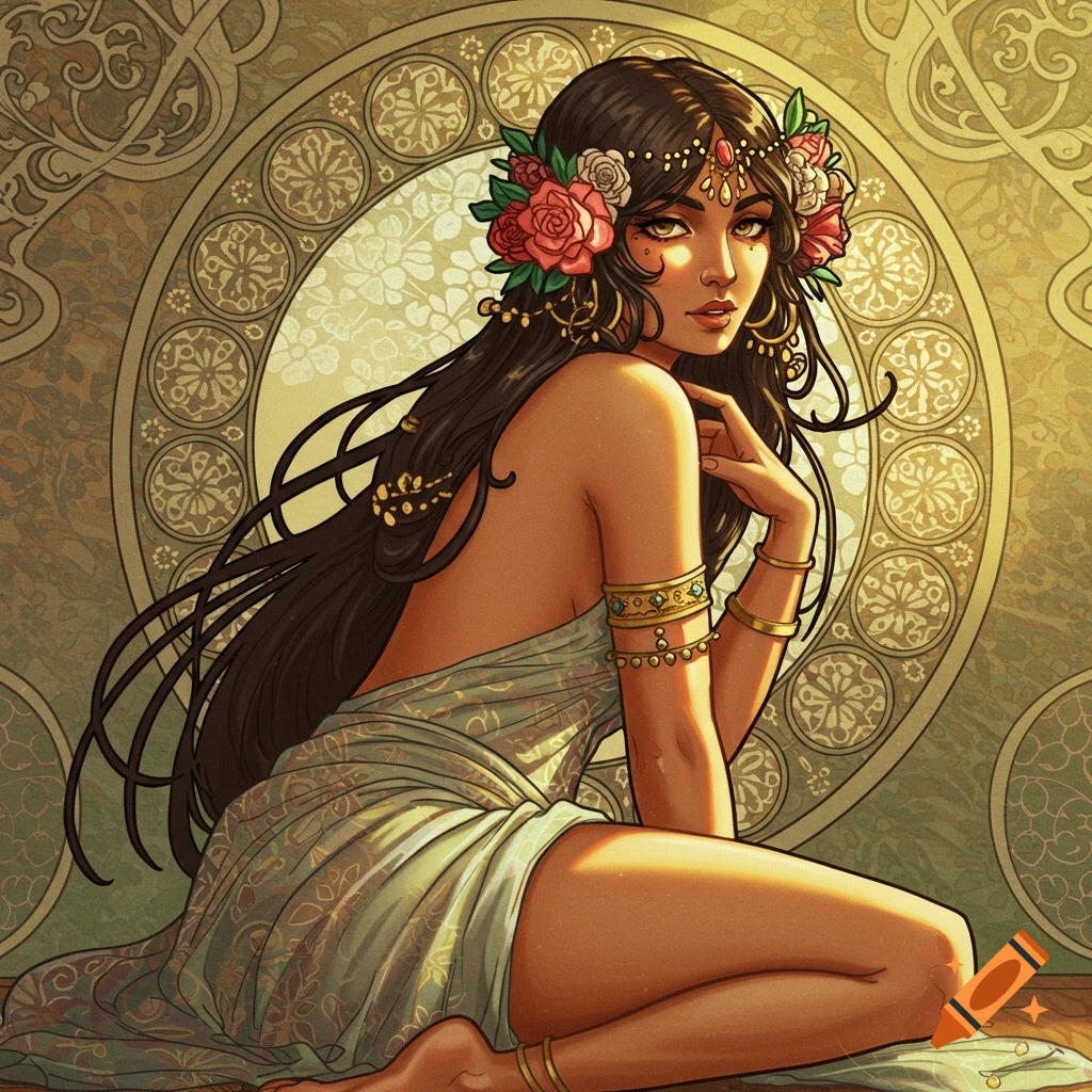 Illustration of a woman with flowers in her hair and gold jewelry in an Art Nouveau style.