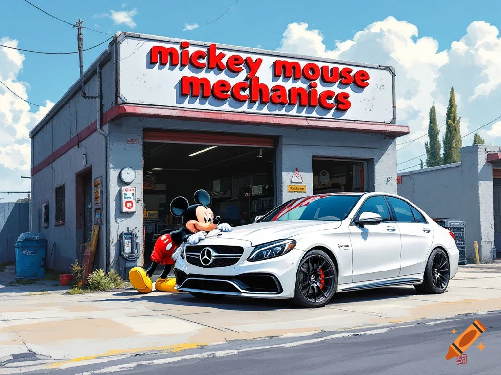 Mickey Mouse stands by a white Mercedes sedan in front of a mechanic shop with a sign reading 'mickey mouse mechanics'.