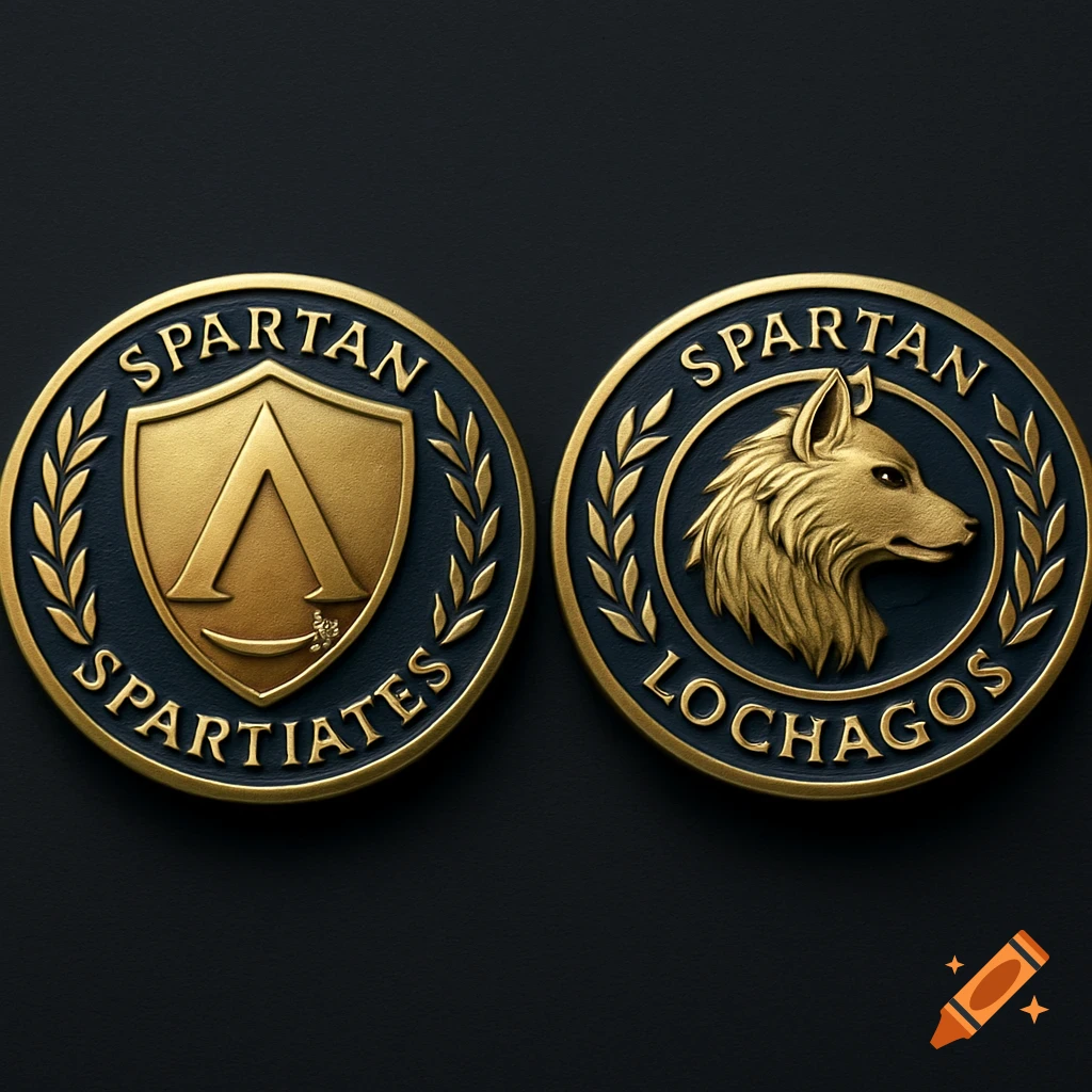 Two detailed gold and dark blue Spartan-themed coins or pins featuring text and emblems.