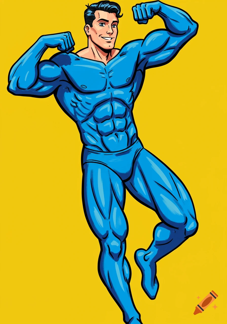 Illustration of muscular cartoon man in blue outfit flexing