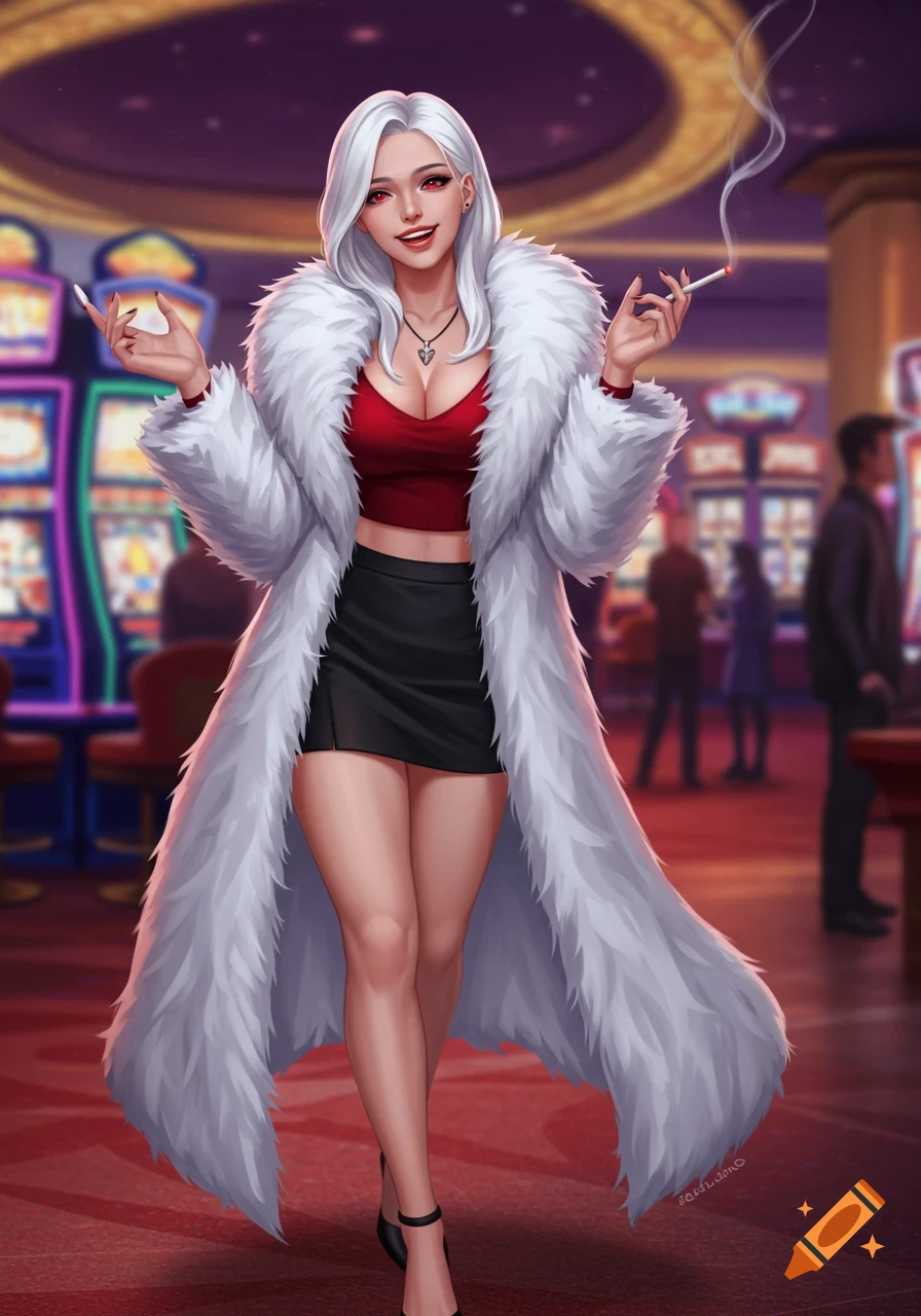 A white-haired woman in a white fur coat and mini skirt smiles while smoking a cigarette in a casino.