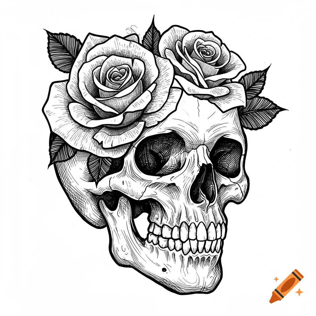 Black and white pen and ink drawing of a human skull adorned with roses and leaves.